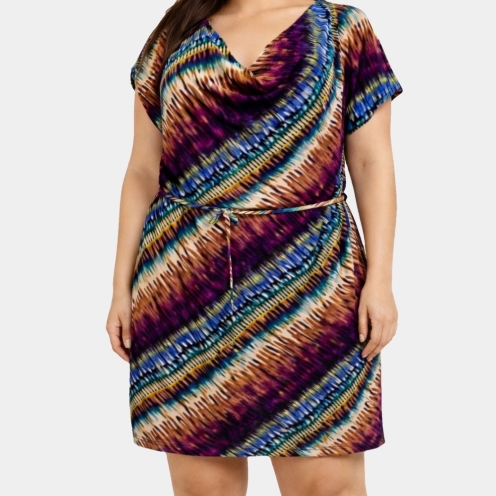 Olivia Matthew's Short Sleeve Multi-Colored Drape Neck Belted Midi Dress Sz 2XP